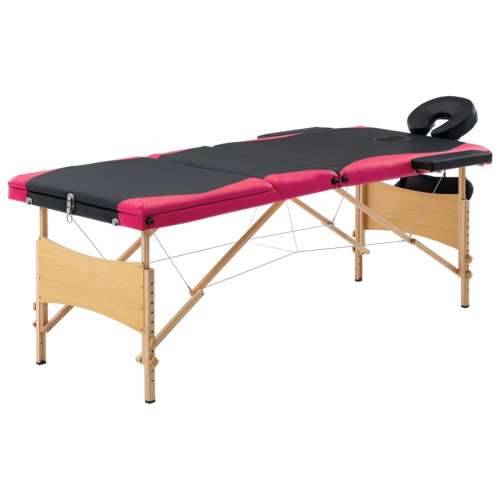Sklopivi stol za masažu s 3 zone drveni crno-ružičasti