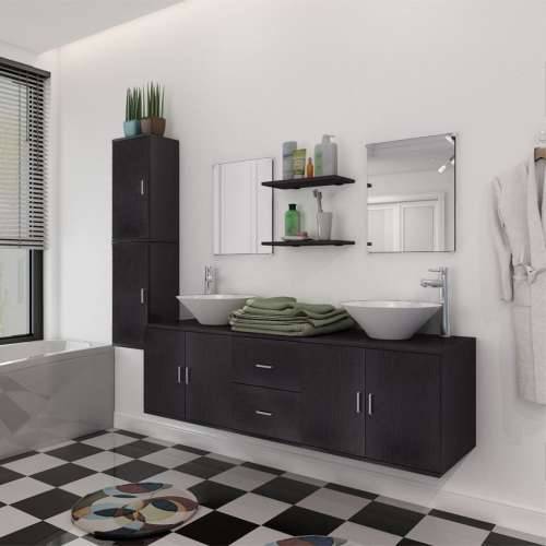11-dijelni set kupaonskog namještaja s umivaonikom i slavinom crni Cijena