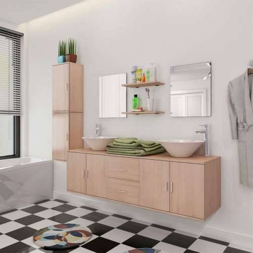 11-dijelni set kupaonskog namještaja s umivaonikom i slavinom bež Cijena