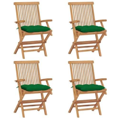 Vrtne stolice sa zelenim jastucima 4 kom od masivne tikovine