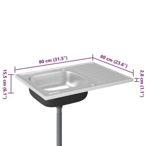 Kuhinjski sudoper s cjedilom srebrni 800 x 600 x 155 mm čelični - 800 x 600 x 155 mm Cijena