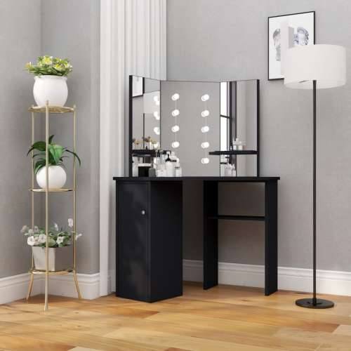 Kutni toaletni stolić s LED svjetlima crni 111 x 54 x 141,5 cm