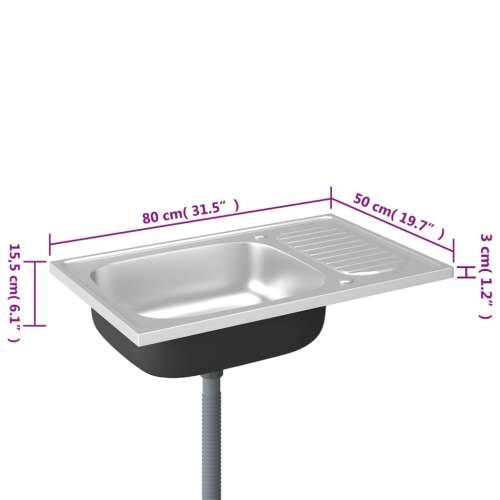 Kuhinjski sudoper s cjedilom srebrni 800 x 500 x 155 mm čelični - 800 x 500 x 155 mm Cijena