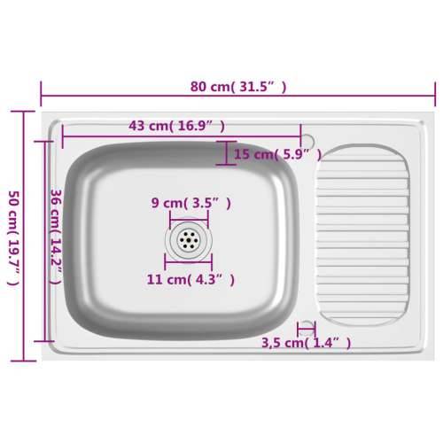 Kuhinjski sudoper s cjedilom srebrni 800 x 500 x 155 mm čelični - 800 x 500 x 155 mm Cijena