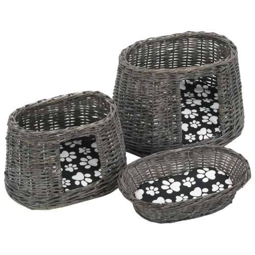 3-dijelni set košara za mačke s jastucima sivi 47x34x60 cm vrba - Siva Cijena