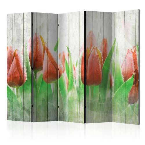 Paravan u 5 dijelova - Red tulips on wood II [Room Dividers] 225x172 Cijena
