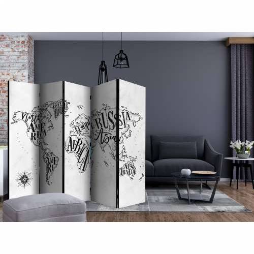 Paravan u 5 dijelova - Retro Continents (Grey) II [Room Dividers] 225x172 Cijena