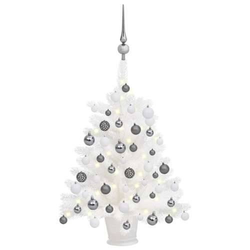 Umjetno osvijetljeno božićno drvce s kuglicama bijelo 65 cm