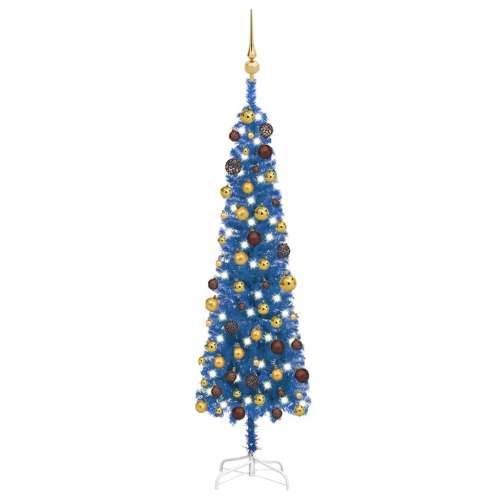 Tanko božićno drvce s LED svjetlom i setom kugli 120 cm plavo