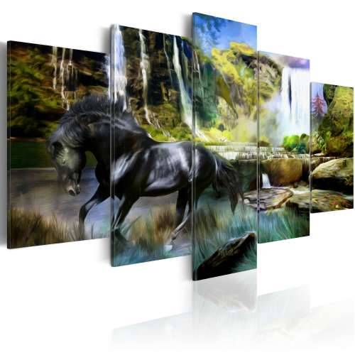 Slika - Black horse on the background of paradise waterfall 200x100 Cijena