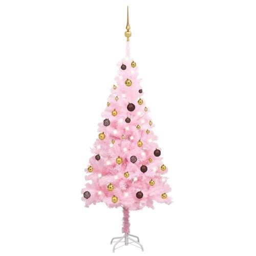 Umjetno osvijetljeno božićno drvce s kuglicama rozo 150 cm PVC