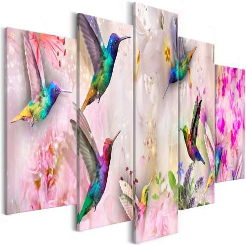 Slika - Colourful Hummingbirds (5 Parts) Wide Pink 100x50 Cijena