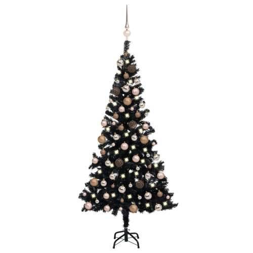 Umjetno osvijetljeno božićno drvce s kuglicama crno 150 cm PVC