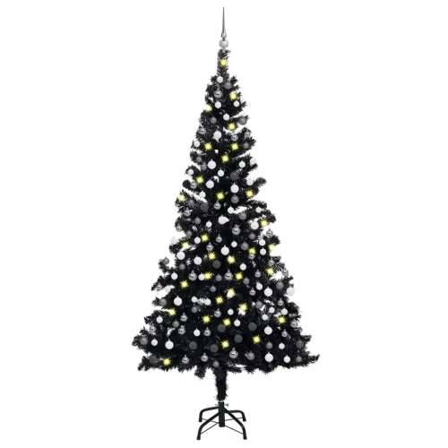 Umjetno osvijetljeno božićno drvce s kuglicama crno 210 cm PVC