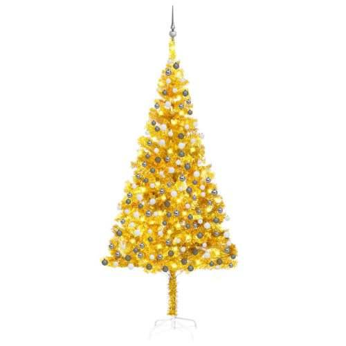 Umjetno osvijetljeno božićno drvce i kuglice zlatno 210 cm PET