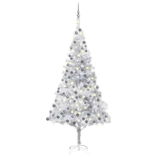 Umjetno osvijetljeno božićno drvce i kuglice srebrno 240 cm PET Cijena
