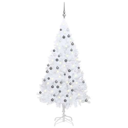 Umjetno osvijetljeno božićno drvce i kuglice bijelo 180 cm PVC