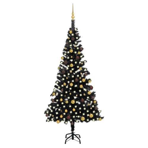Umjetno osvijetljeno božićno drvce s kuglicama crno 210 cm PVC