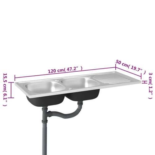 Kuhinjski sudoper s dva korita srebrni 1200x500x155 mm čelični - 1200 x 500 x 155 mm Cijena