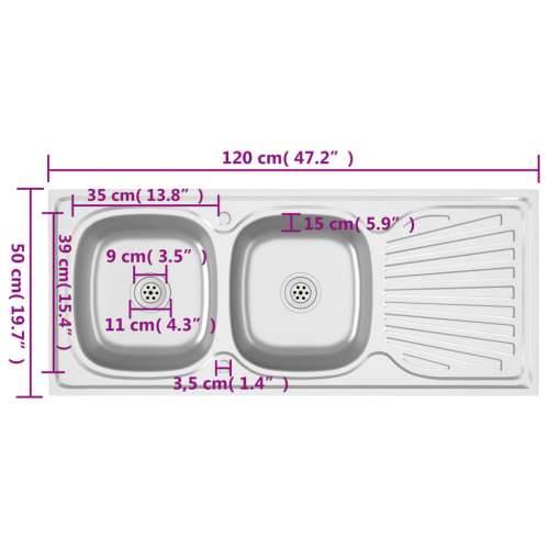 Kuhinjski sudoper s dva korita srebrni 1200x500x155 mm čelični - 1200 x 500 x 155 mm Cijena