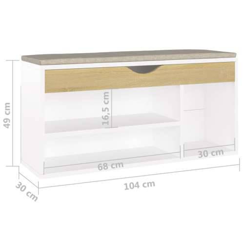 Klupa za cipele s jastukom bijela/hrast 104 x 30 x 49 cm drvena - Bijela i boja hrasta sonome 1 Cijena