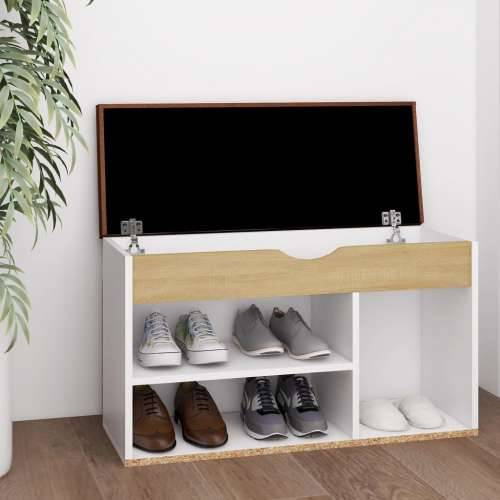 Klupa za cipele s jastukom bijela/hrast 80 x 30 x 47 cm drvena - Bijela i boja hrasta sonome 1 Cijena