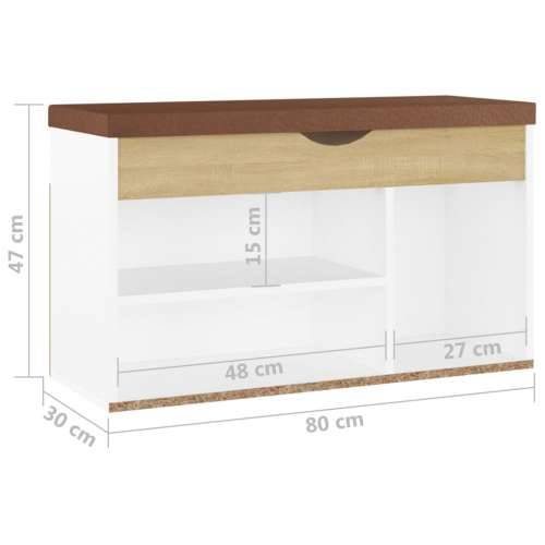 Klupa za cipele s jastukom bijela/hrast 80 x 30 x 47 cm drvena - Bijela i boja hrasta sonome 1 Cijena