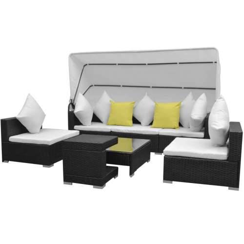 7-dijelni vrtni lounge set s baldahinom poli ratan crni