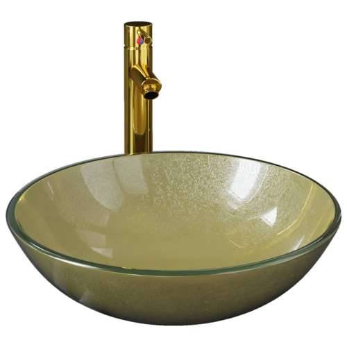 Umivaonik sa slavinom i odvodom zlatni od kaljenog stakla Cijena