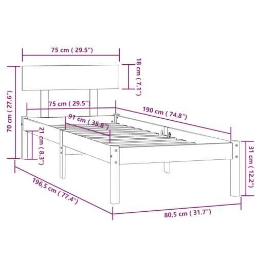 Okvir za krevet od masivnog drva bijeli 75 x 190 cm mali - Bijela 75 x 190 cm Cijena