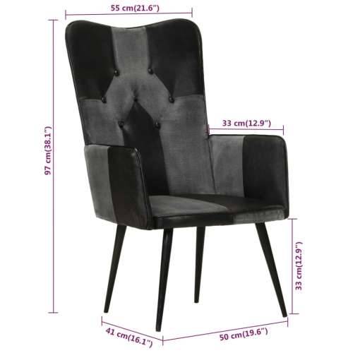 Fotelja s krilnim naslonom od prave kože crno-siva Cijena