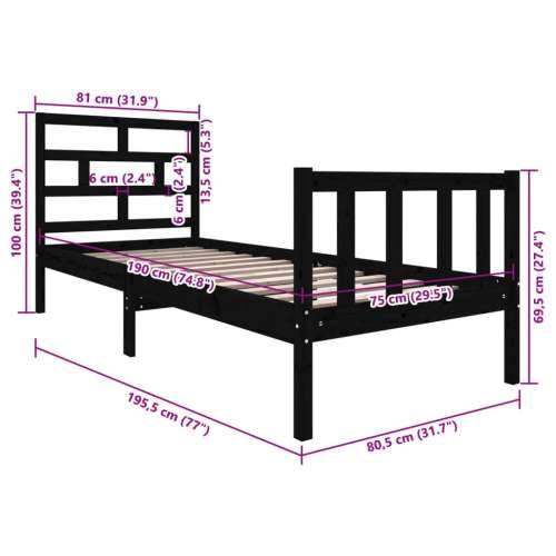 Okvir za krevet od borovine crni 75 x 190 cm jednokrevetni - Crna 75 x 190 cm Cijena