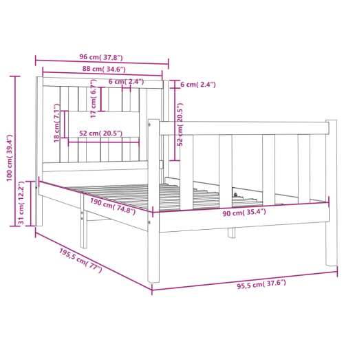 Okvir za krevet bijeli od masivnog drva 90 x 190 cm mali - Bijela 90 x 190 cm Cijena