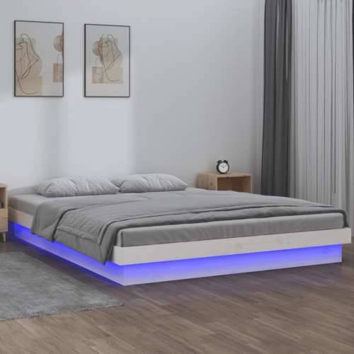 LED okvir za krevet bijeli 160 x 200 cm od masivnog drva Cijena