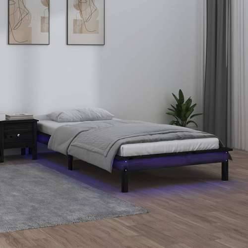 LED okvir za krevet crni 90 x 200 cm od masivne borovine