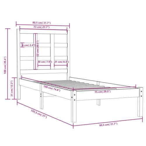 Okvir za krevet od masivnog drva 75 x 190 cm jednokrevetni - Prirodna 75 x 190 cm Cijena