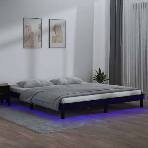 LED okvir za krevet crni 200 x 200 cm od masivnog drva