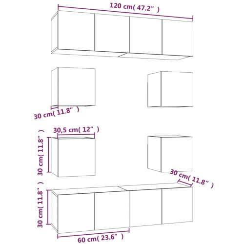 8-dijelni set TV ormarića boja dimljenog hrasta drveni - Dimljeni hrast 8 60 cm Cijena