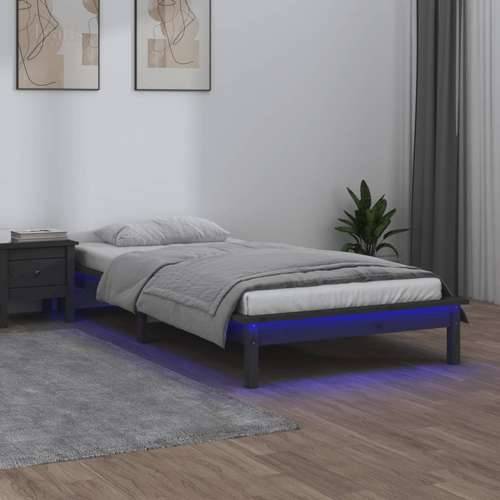 LED okvir kreveta sivi 90 x 190 cm mali od masivnog drva
