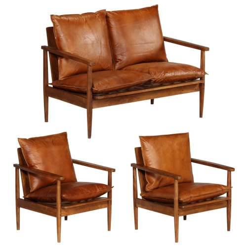 3-dijelni set sofa od prave kože i masivnog drva bagrema smeđi Cijena