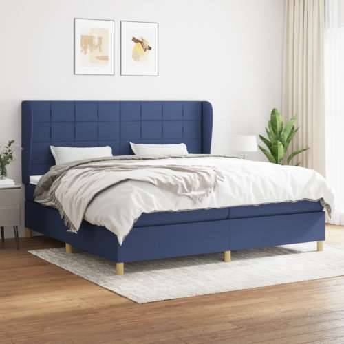Krevet s oprugama i madracem plavi 200 x 200 cm od tkanine - Plava 200 x 200 cm Blok s kvadratima Cijena