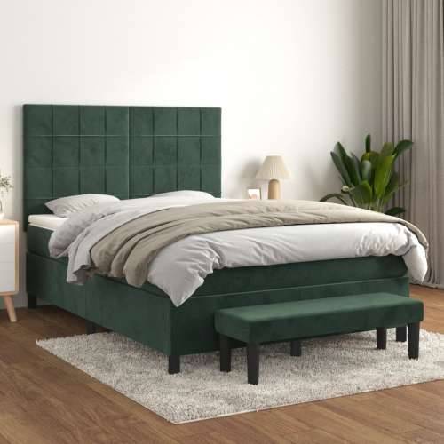 Krevet s oprugama i madracem tamnozeleni 140x190 cm baršunasti - Tamnozelena 140 x 190 cm Blok s kvadratima Cijena