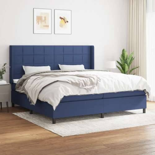 Krevet s oprugama i madracem plavi 200 x 200 cm od tkanine - Plava 200 x 200 cm Blok s kvadratima Cijena
