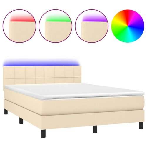 Krevet box spring s madracem LED krem 140x190 cm od tkanine - Krema 140 x 190 cm Blok s kvadratima Cijena
