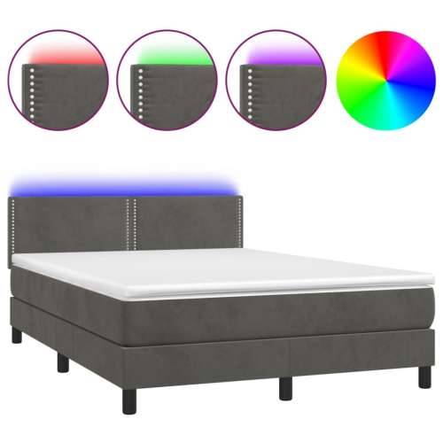 Krevet box spring s madracem LED tamnosivi 140x190 cm baršun - Tamno siva 140 x 190 cm Obično s čavlima Cijena
