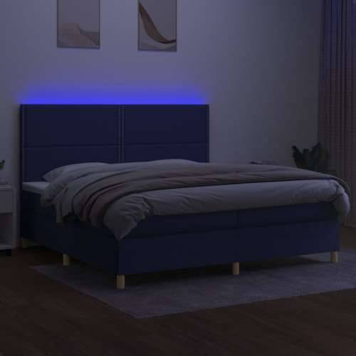 Krevet box spring s madracem LED plavi 200x200 cm od tkanine - Plava 200 x 200 cm Obično s čavlima Cijena