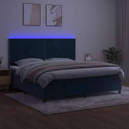 Krevet box spring s madracem LED tamnoplavi 200x200 cm baršun - Tamno plava 200 x 200 cm Obično s čavlima Cijena