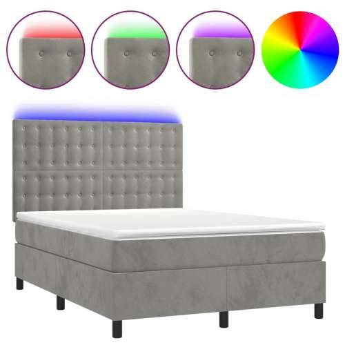 Krevet box spring s madracem LED svjetlosivi 140x200 cm baršun - Svjetlosiva 140 x 200 cm gumbi Cijena