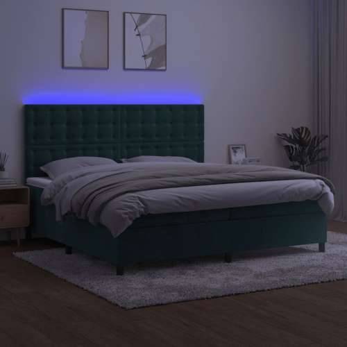 Krevet box spring s madracem LED tamnozeleni 200x200 cm baršun - Tamnozelena 200 x 200 cm gumbi Cijena
