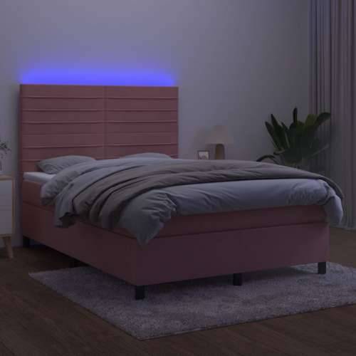 Krevet box spring s madracem LED ružičasti 140x200cm baršunasti - Ružičasta 140 x 200 cm vodoravne pruge Cijena